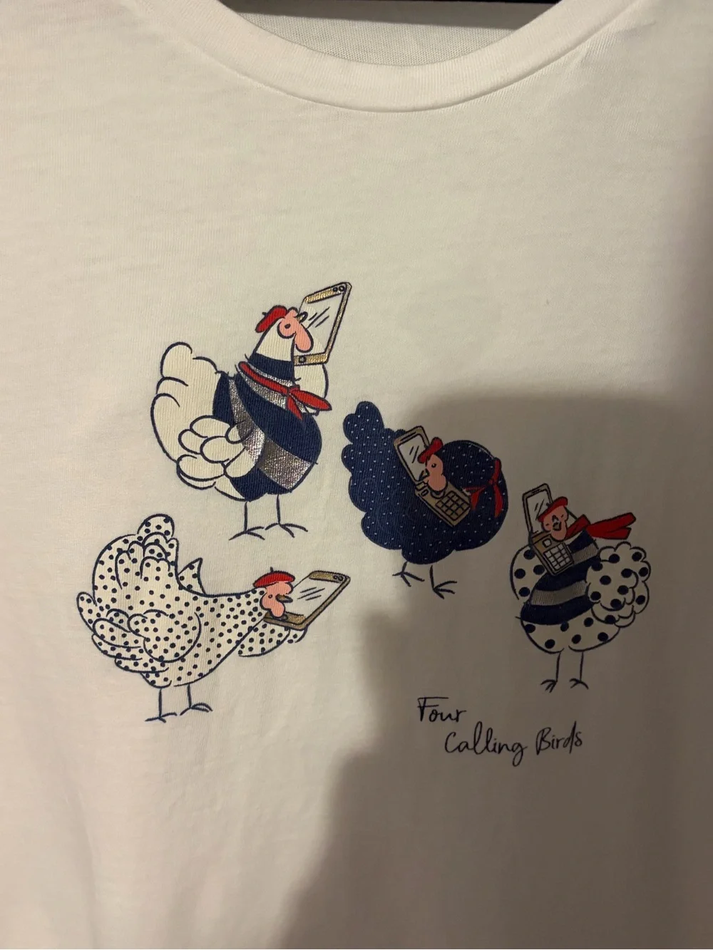 J. Crew White t shirt top Chick Graphic 4 calling birds hens
